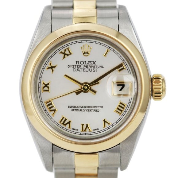 ROLEX DATEJUST WHITE ROMAN DIAL 18KY STEEL SMOOTH OYSTER TWO
